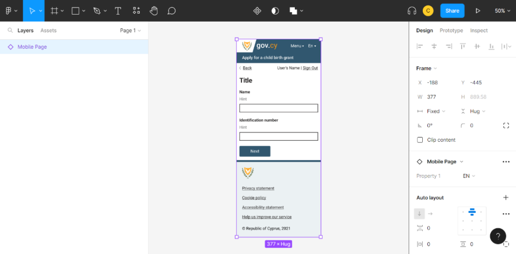 Instance of mobile page component in team’s Figma file